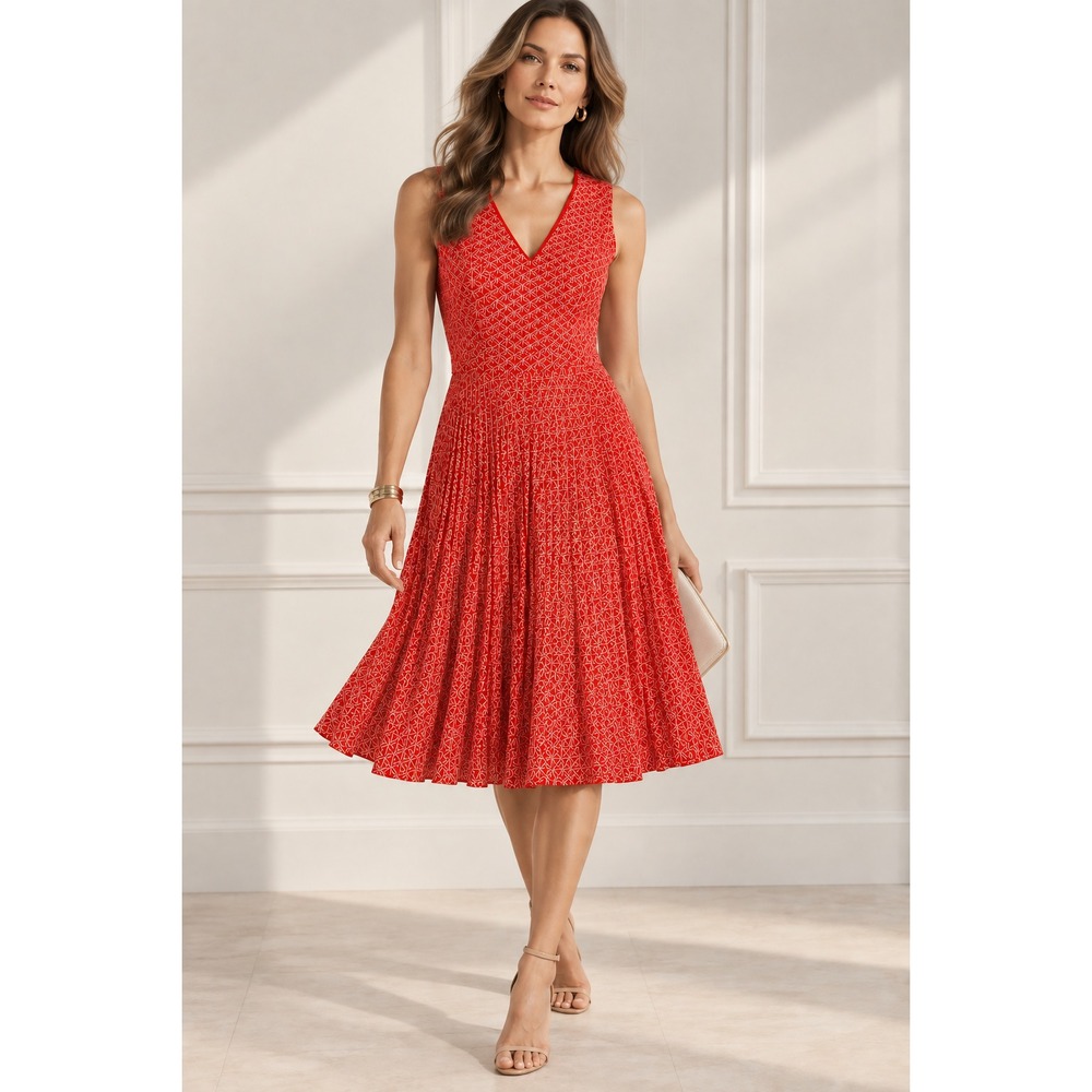 2/$30 Banana Republic Knee Length Dress Sz 8 Red Pleated Resort Cruise Vacation